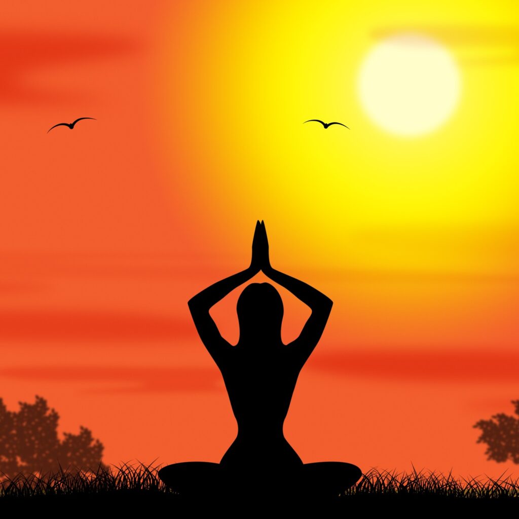 Silhouette of a woman meditating in a yoga pose during sunset with birds flying in the sky